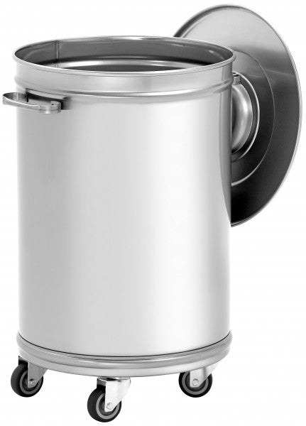 Edelstahl-Müllbehälter mit Rollen.
