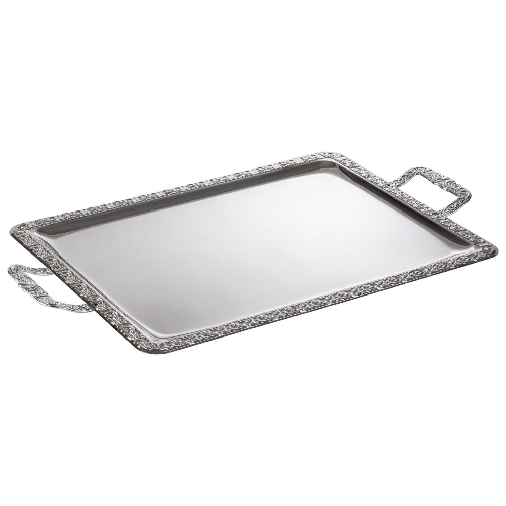 Rechteckiges Tablett mit Griffen.