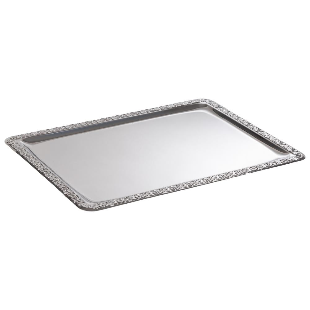 Rechteckiges Tablett mit verziertem Rand.