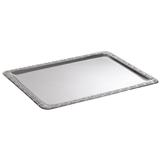 Rechteckiges Tablett mit verziertem Rand.