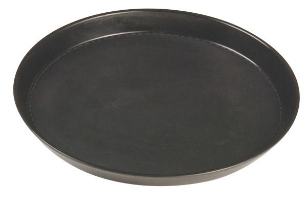 Schwarzes rundes Serviertablett aus Kunststoff.