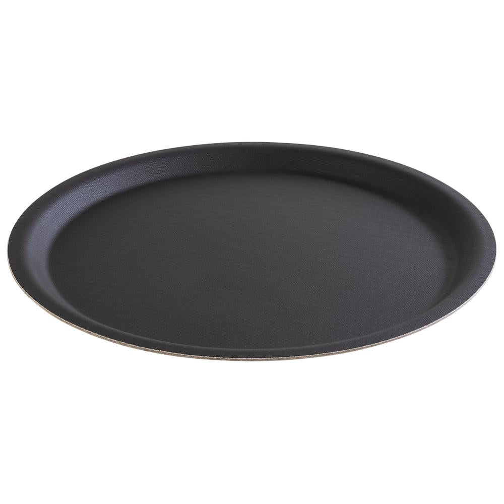 Rundes schwarzes Serviertablett aus Kunststoff.