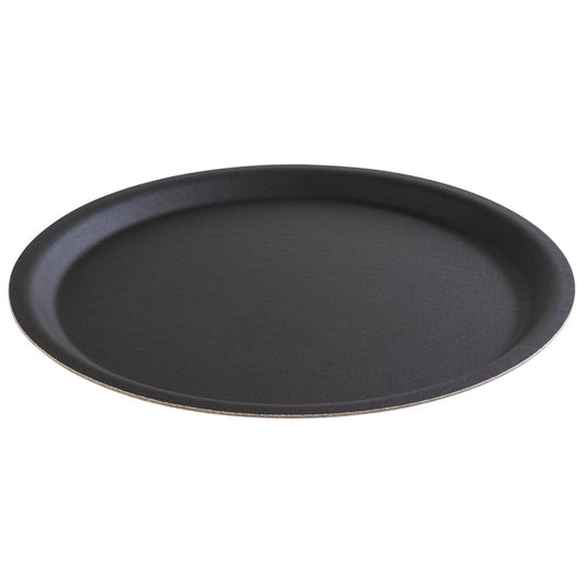 Rundes schwarzes Serviertablett aus Kunststoff.