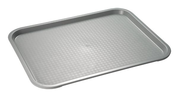 Rechteckiges Tablett aus Edelstahl.