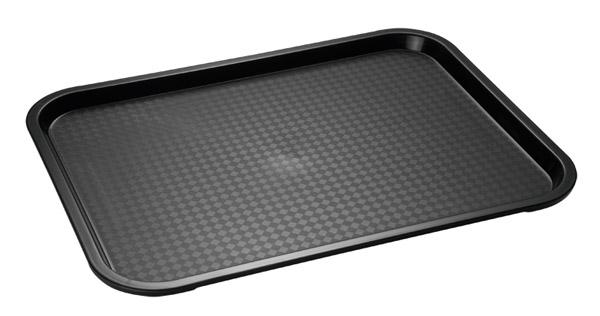 Schwarzes Tablett mit rutschfester Oberfläche.