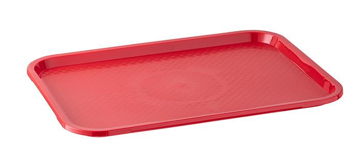 Rotes Tablett auf weißem Hintergrund.