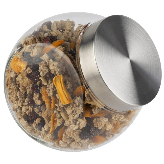 Glasbehälter mit Müsli und Deckel.