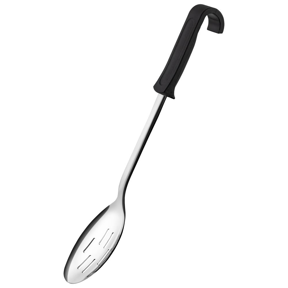 Geschlitzter Servierlöffel mit schwarzem Griff.
