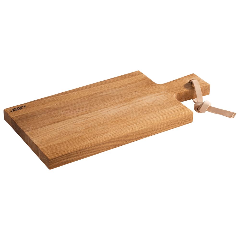 Holzbrett mit Lederschlaufe.