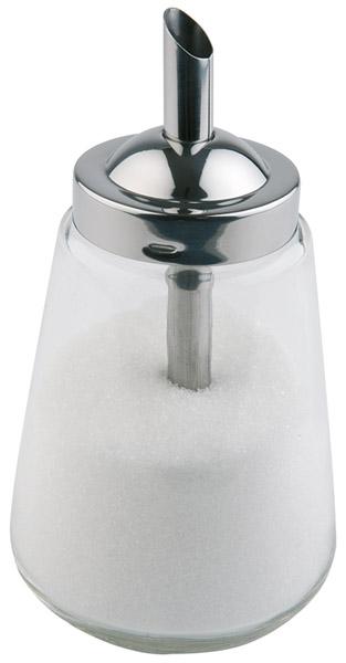 Zuckerspender aus Glas und Metall.
