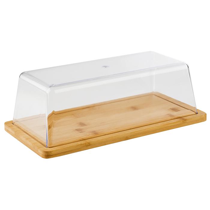 Holztablett mit transparentem Deckel.