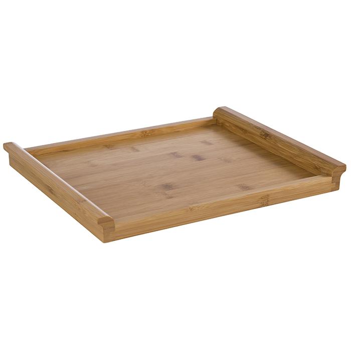 Holztablett mit erhöhten Kanten.