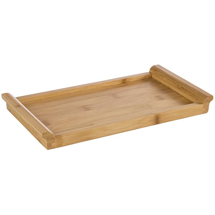 Holztablett mit erhöhten Kanten.