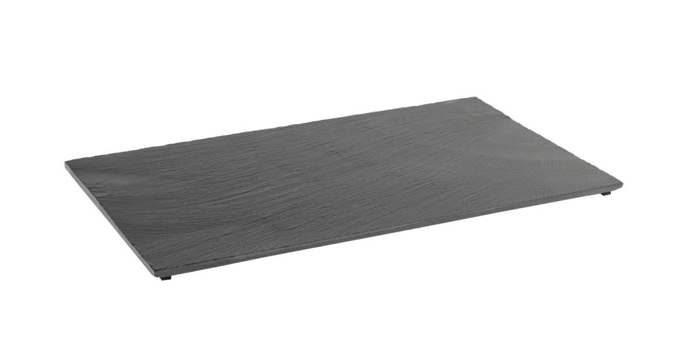 Rechteckige schwarze Servierplatte aus Melamin.