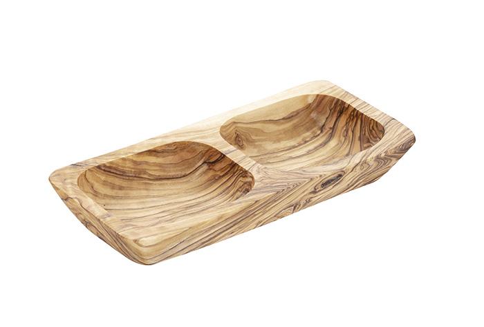 Holztablett mit zwei Vertiefungen.