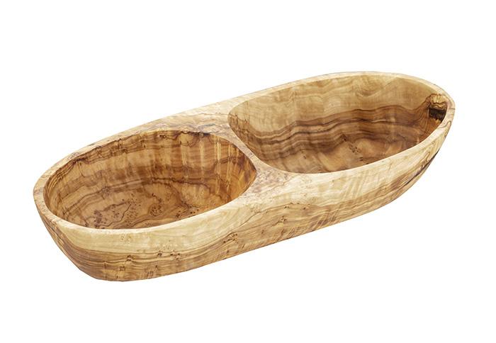 Holzschale mit zwei Fächern.