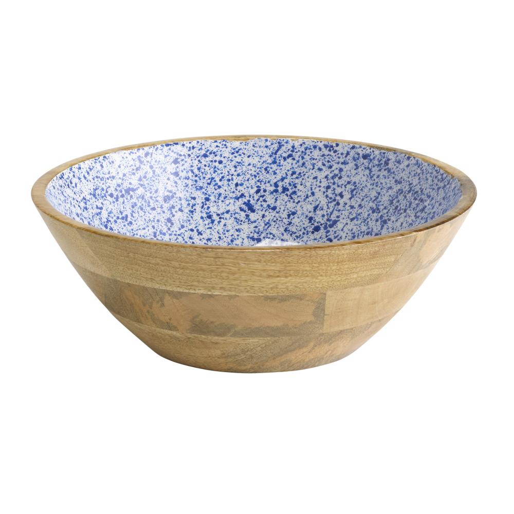 Holzschale mit blauem Innenmuster.