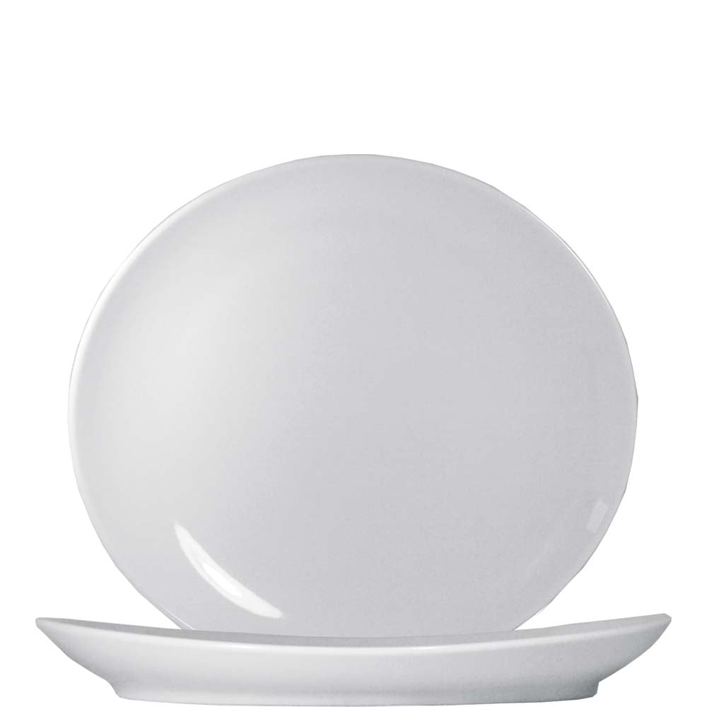 Zwei weiße Porzellanteller, schlicht.