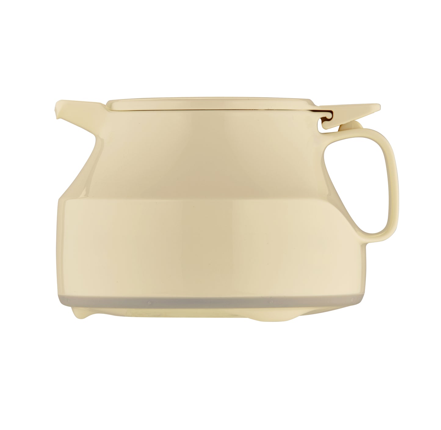 Beige Teekanne mit Deckel und Henkel.
