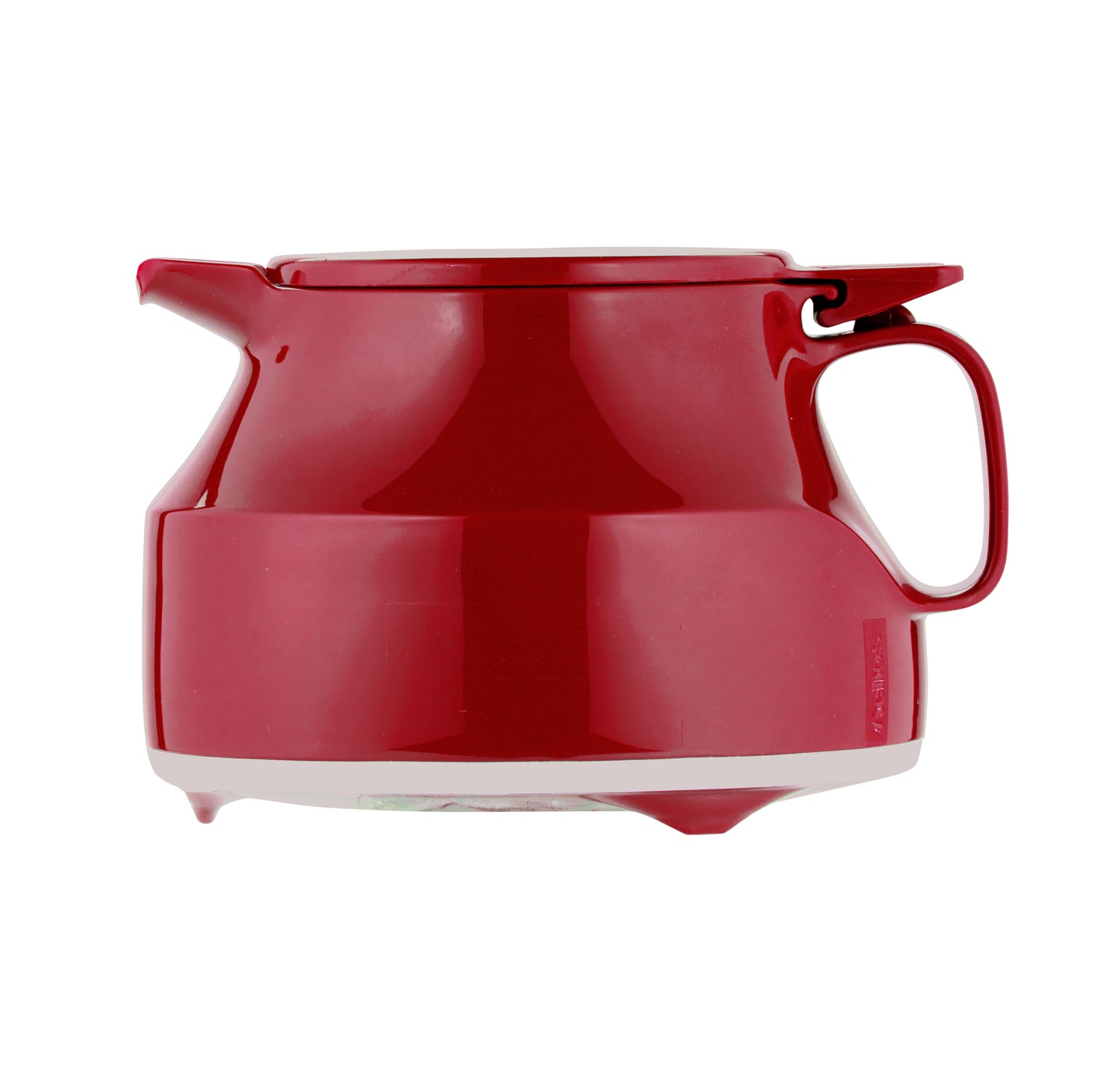 Rote Teekanne mit Deckel und Henkel.