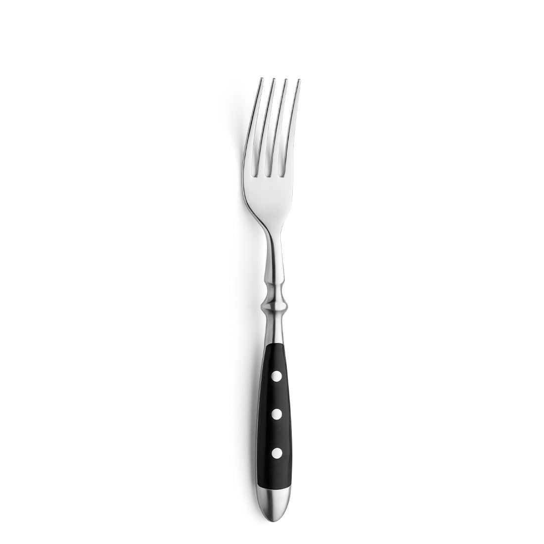 Gabel mit schwarzem Griff und Metallzinken.