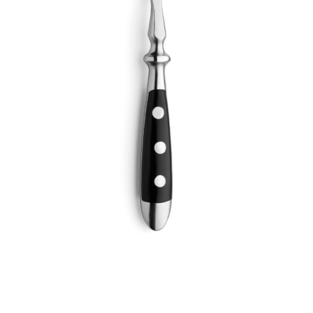 Schwarzer Griff eines Küchenutensils mit Nieten.