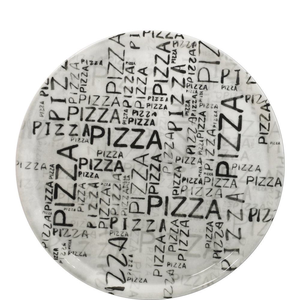 Teller mit Pizza-Schriftzug-Design.