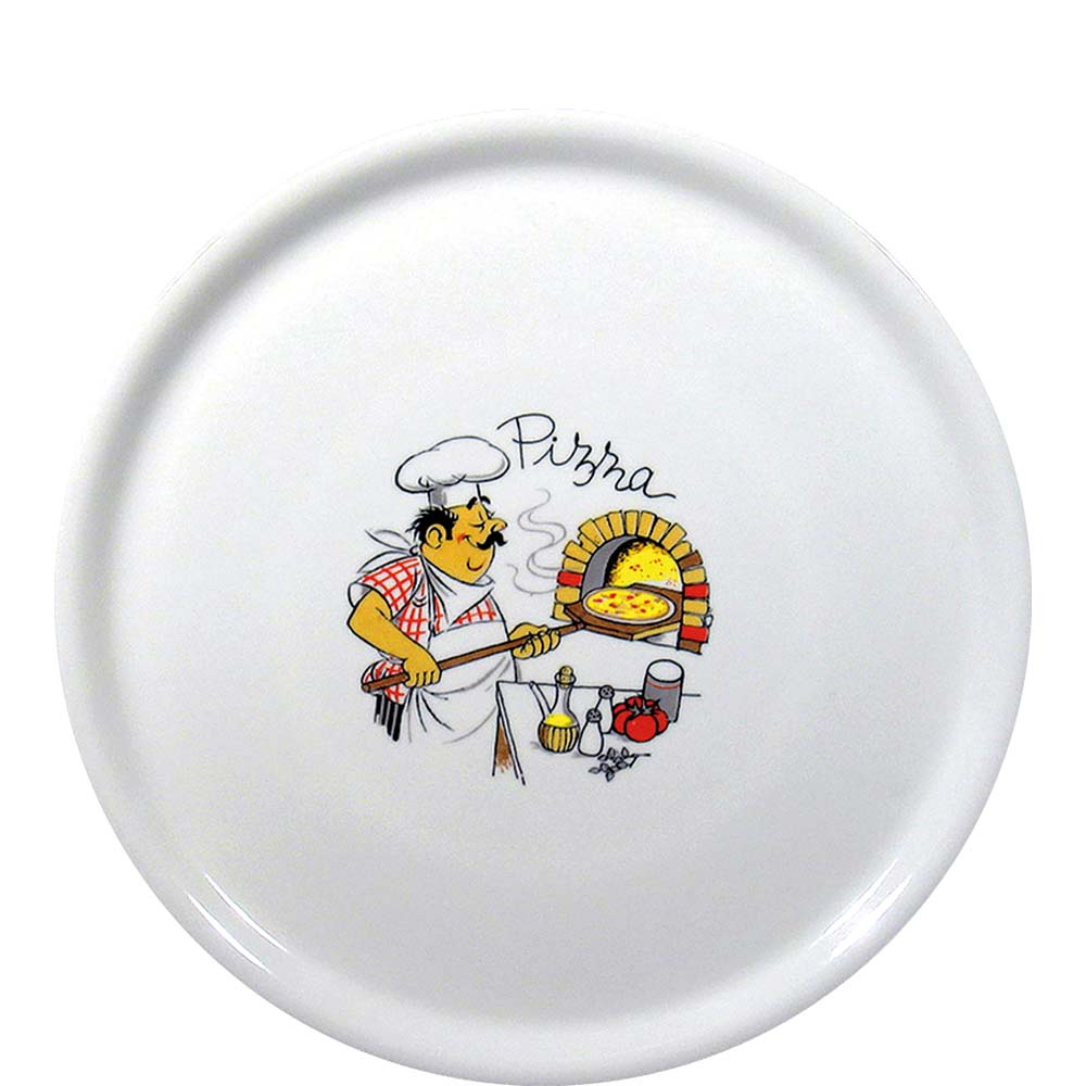 Pizzateller mit Koch-Illustration.