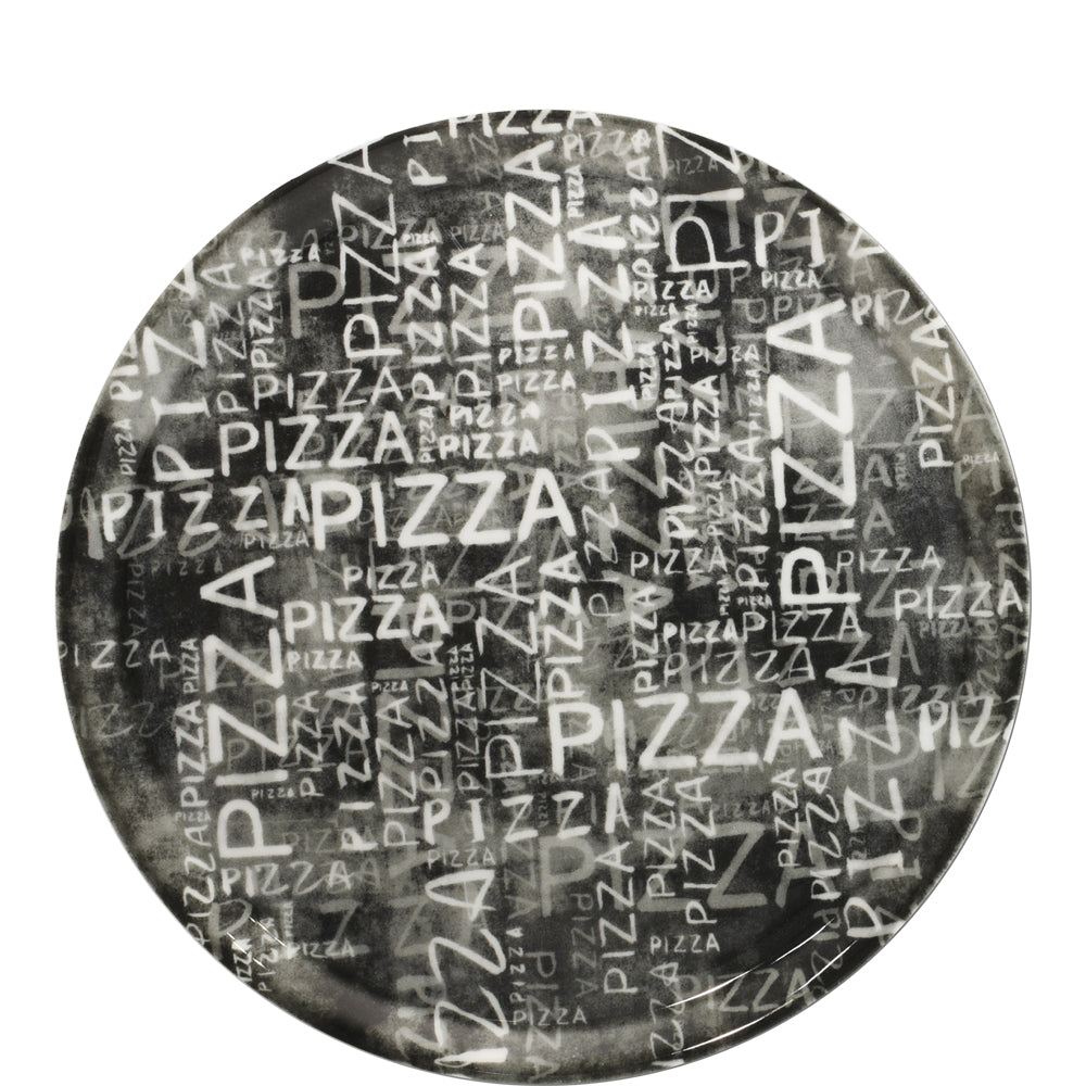 Teller mit "Pizza"-Schriftzug-Muster.