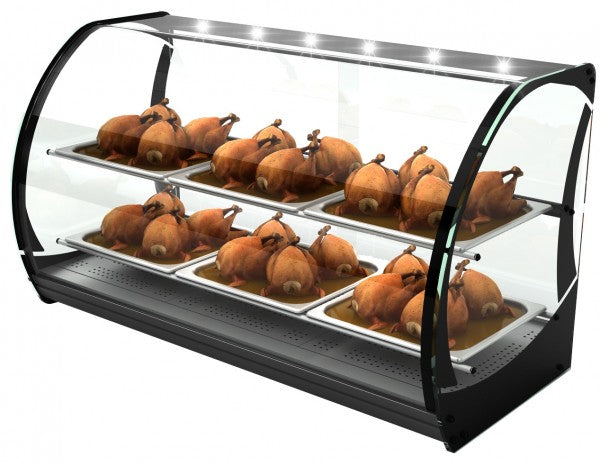Wärmeschrank mit gebratenen Hähnchen.