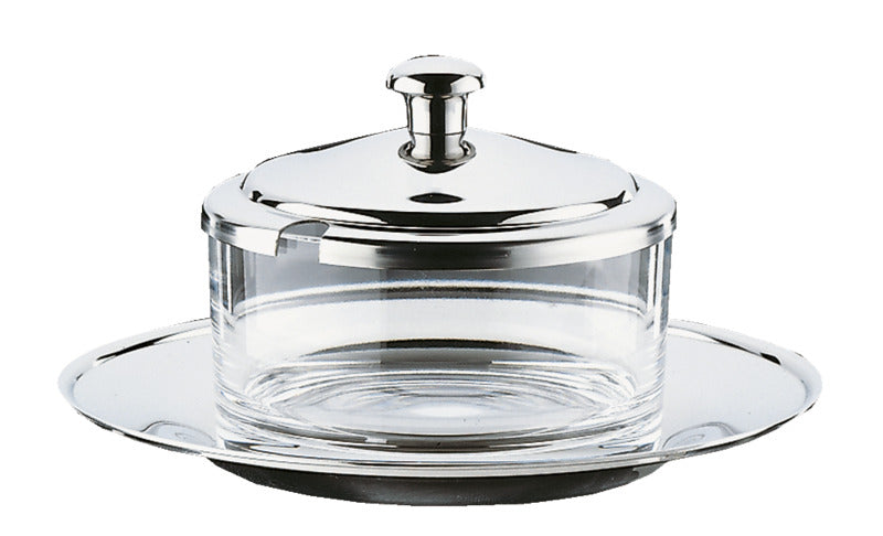 Glasbehälter mit Deckel und Unterteller.