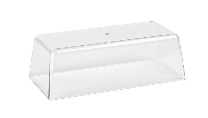 Transparente rechteckige Abdeckhaube für Speisen.