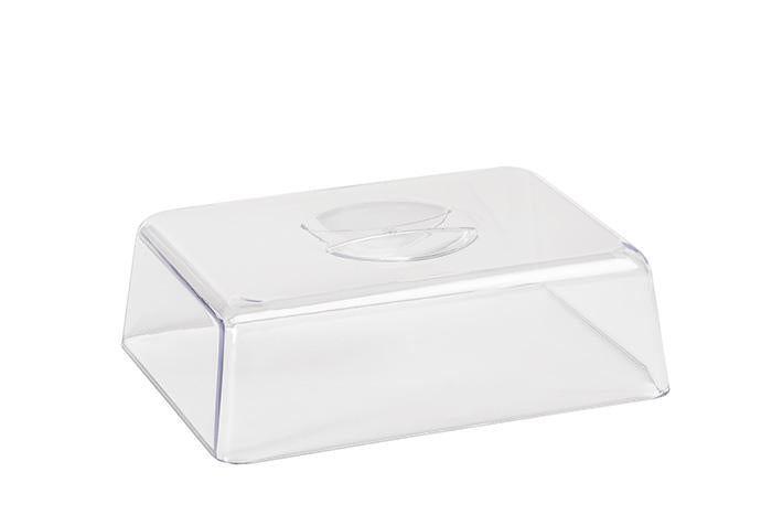 Transparente rechteckige Abdeckhaube für Speisen.