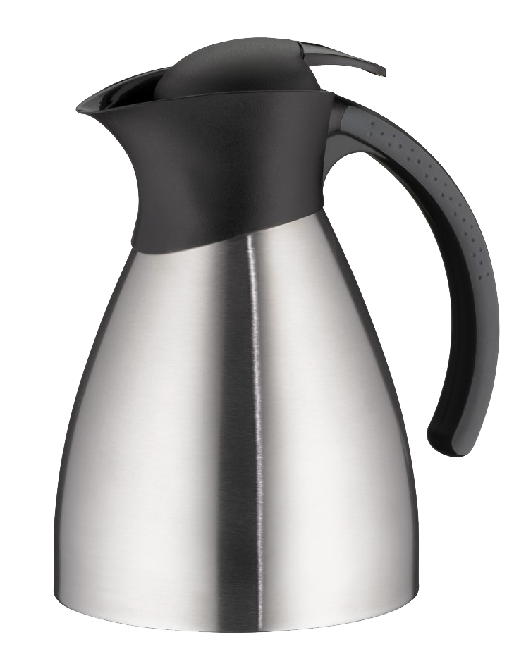 Silberne Thermoskanne mit schwarzem Griff.