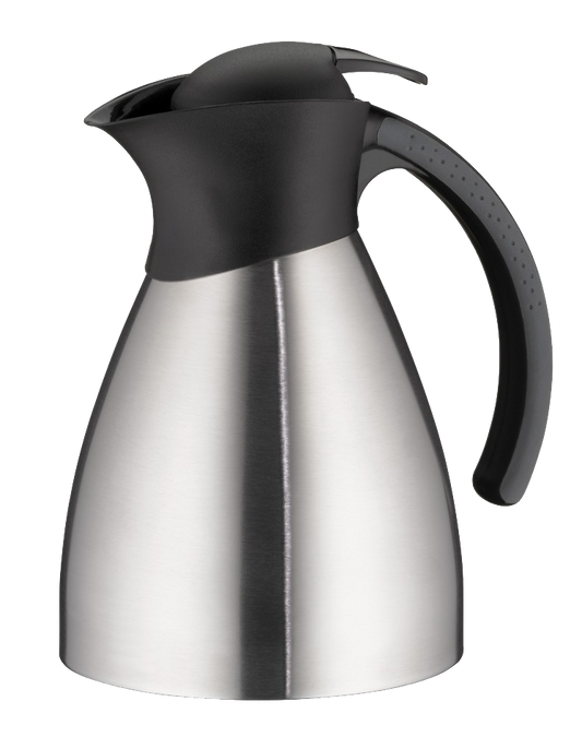 Silberne Thermoskanne mit schwarzem Griff.