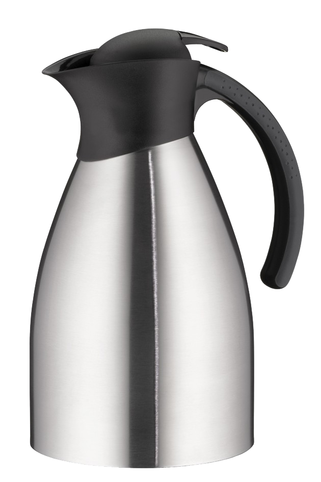 Silberne Thermoskanne mit schwarzem Griff.