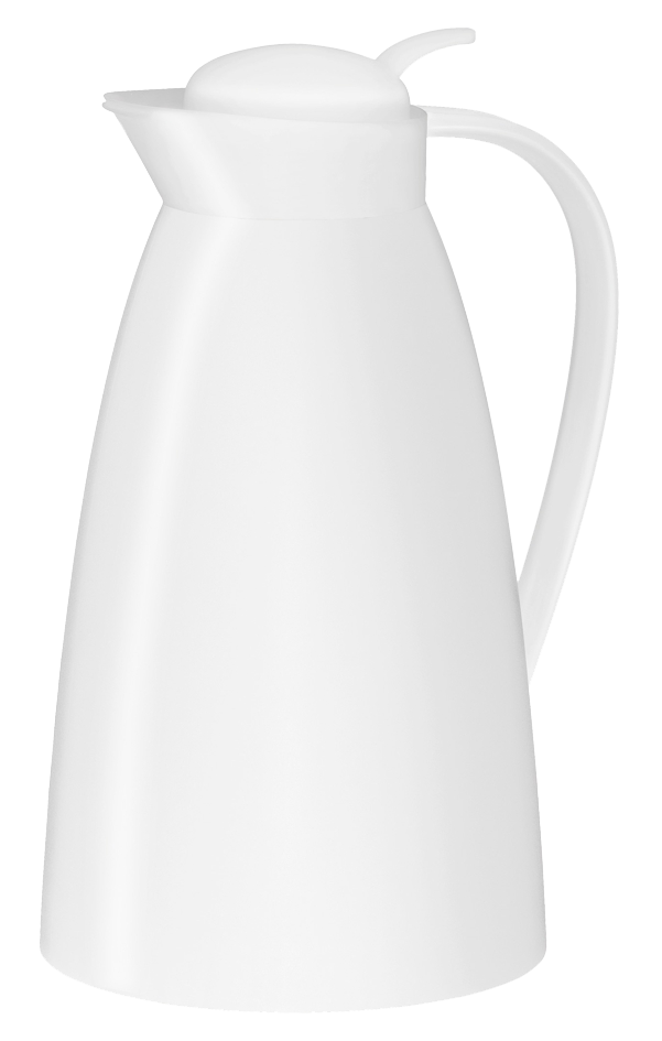 Weiße Thermoskanne mit Deckel.