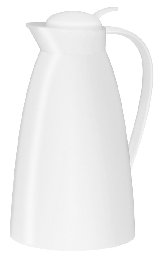 Weiße Thermoskanne mit Deckel.