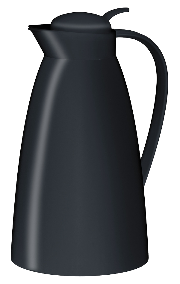 Schwarze Thermoskanne mit Deckel.