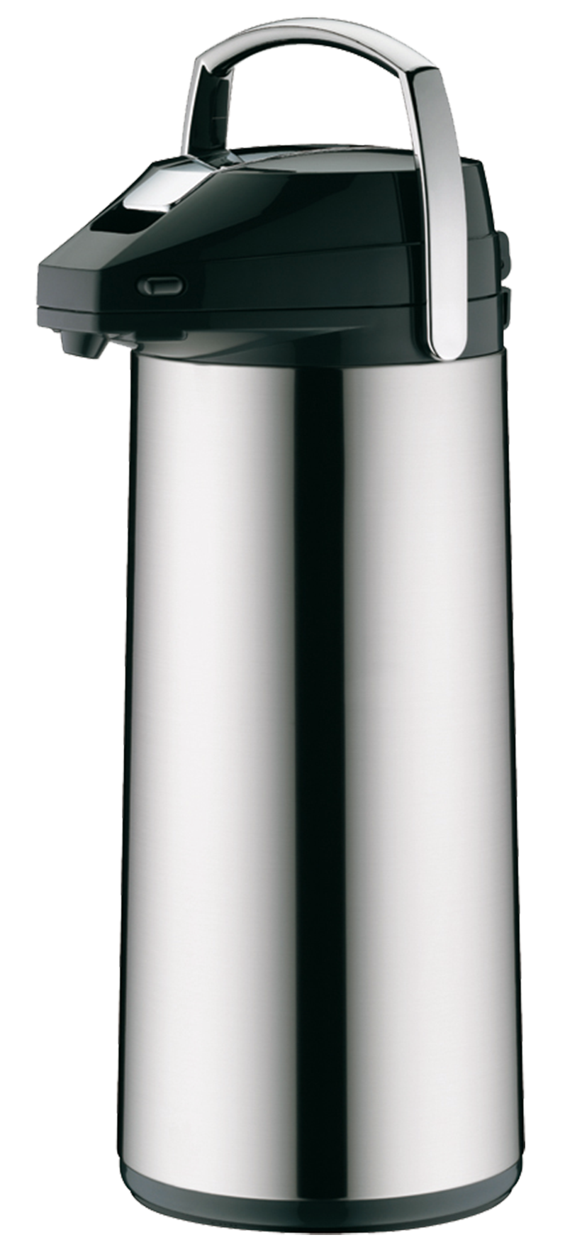 Silberne Thermoskanne mit Pumpmechanismus.