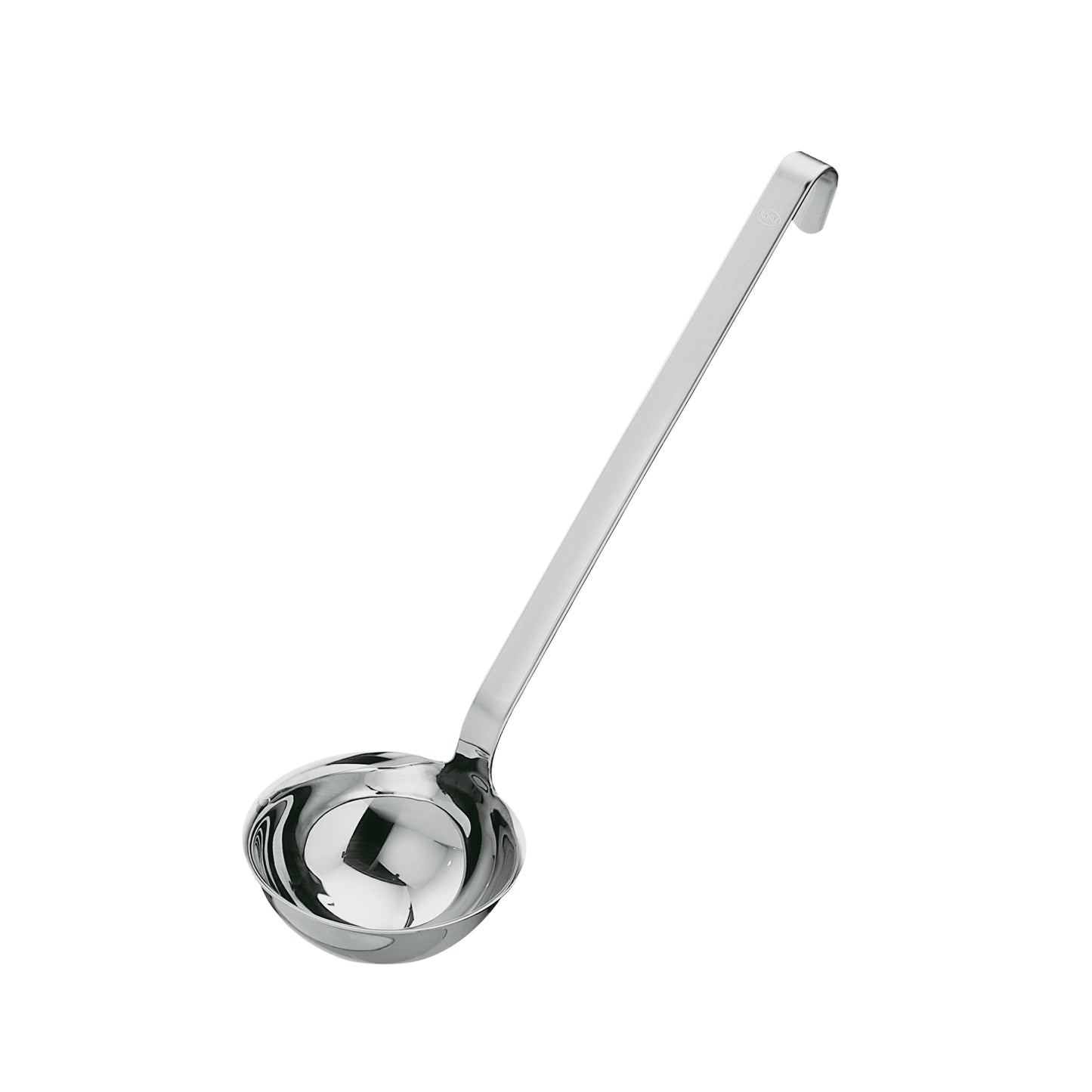 Silberne Suppenkelle mit Haken.