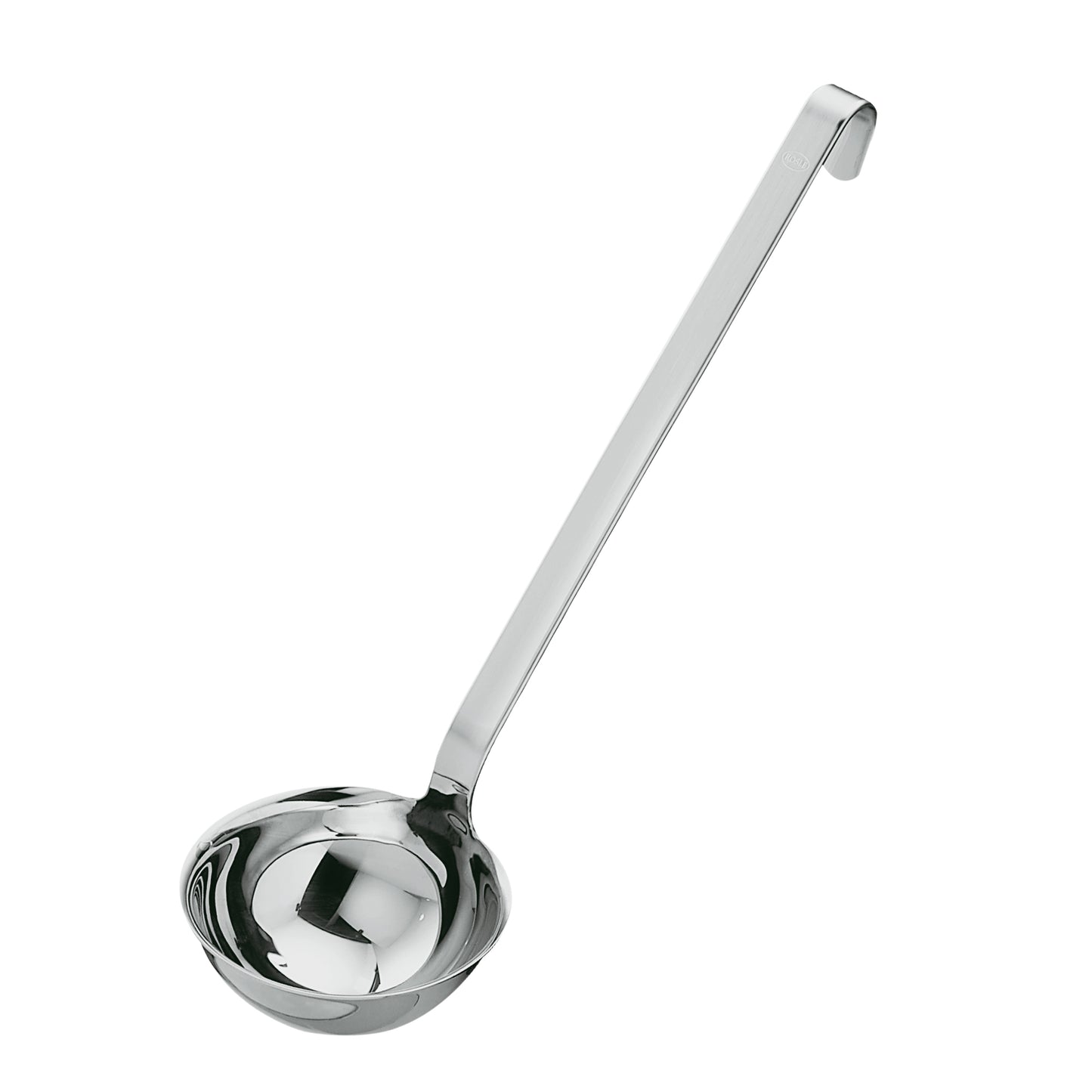 Silberne Suppenkelle aus Metall.