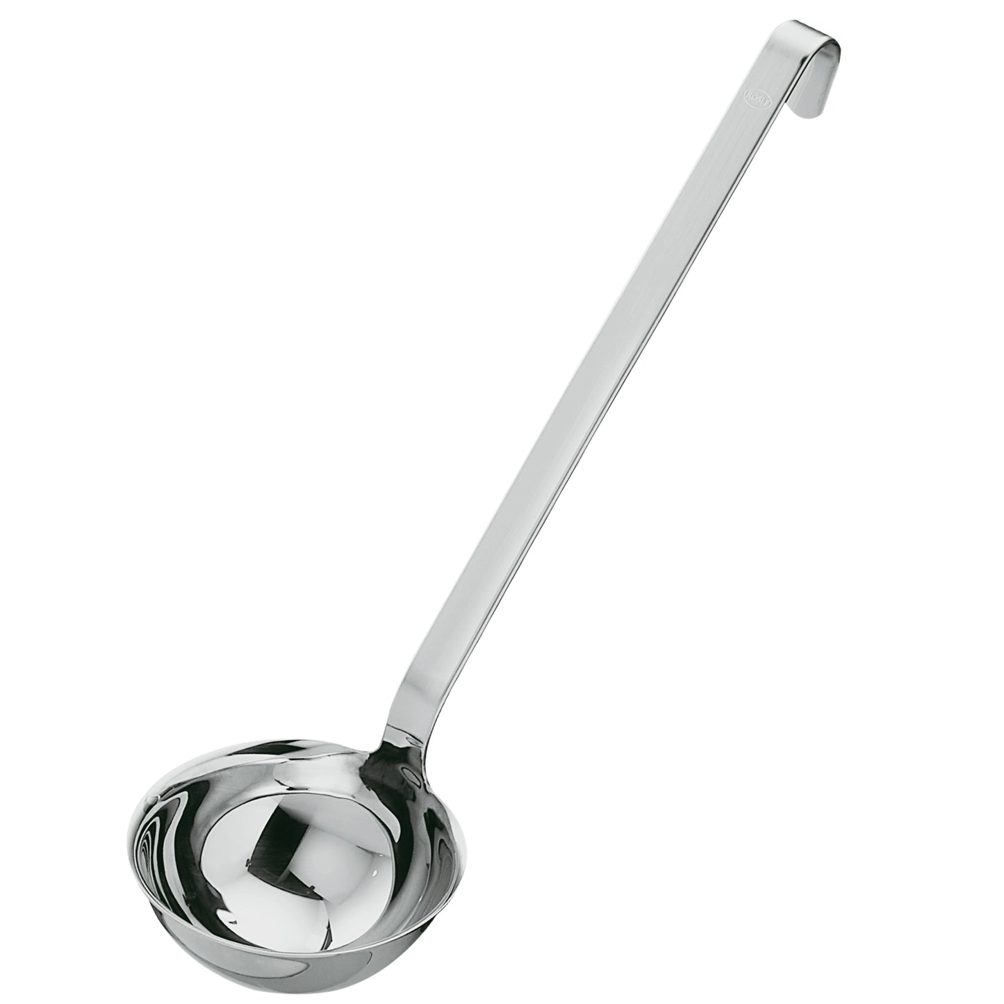 Silberne Suppenkelle aus Edelstahl.