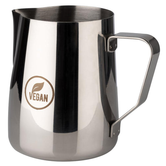 Edelstahlkanne mit "Vegan"-Logo.