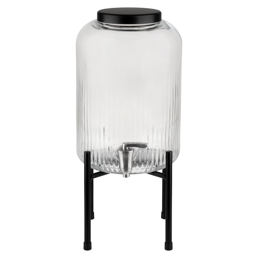 Glas-Getränkespender mit schwarzem Ständer.