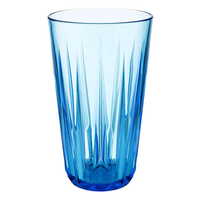 Blaues Trinkglas mit Rillenmuster.