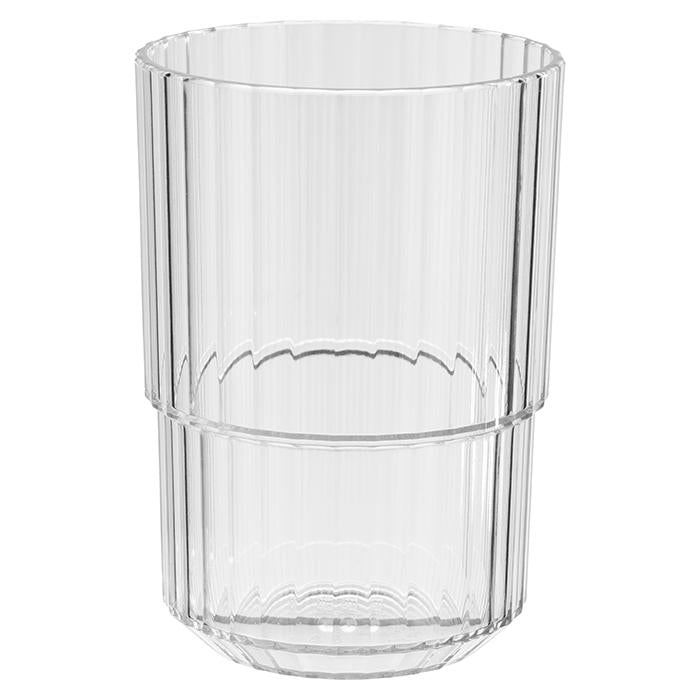 Klarglasbecher mit geriffelter Oberfläche.