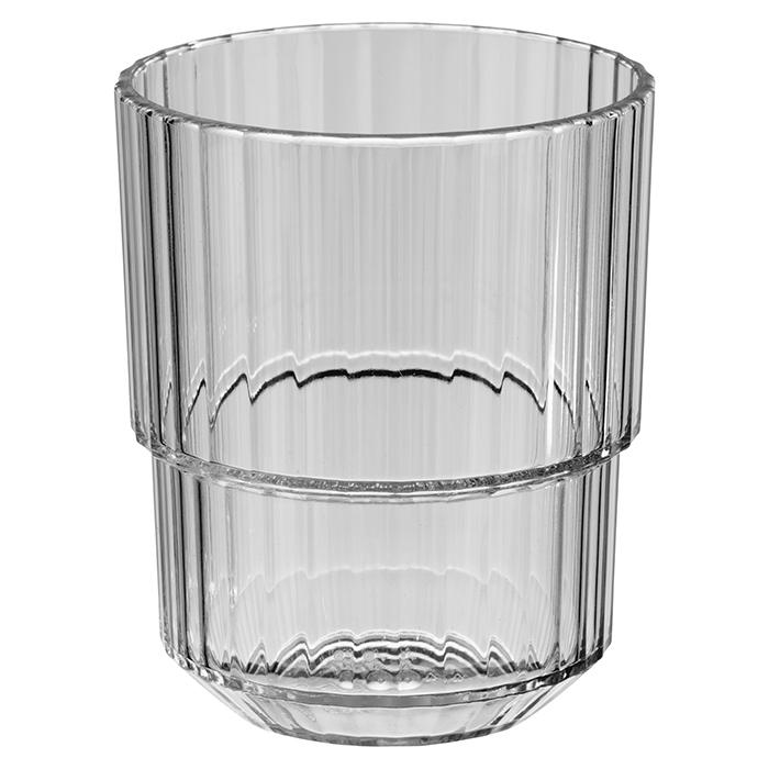 Klarglasbecher mit geriffelter Oberfläche.