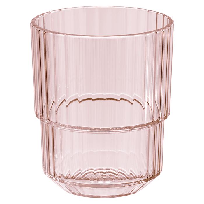 Rosa, geriffeltes Trinkglas aus Kunststoff.