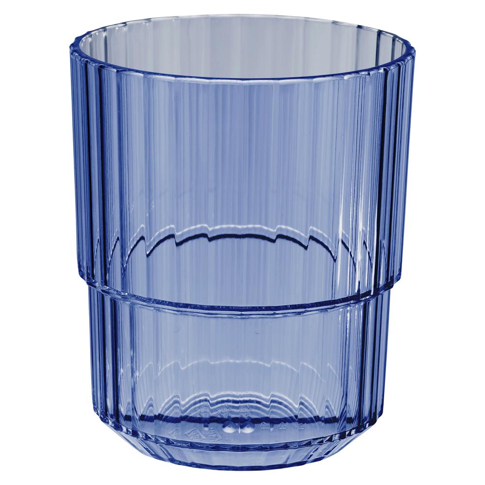 Blauer, gerippter Trinkbecher aus Kunststoff.